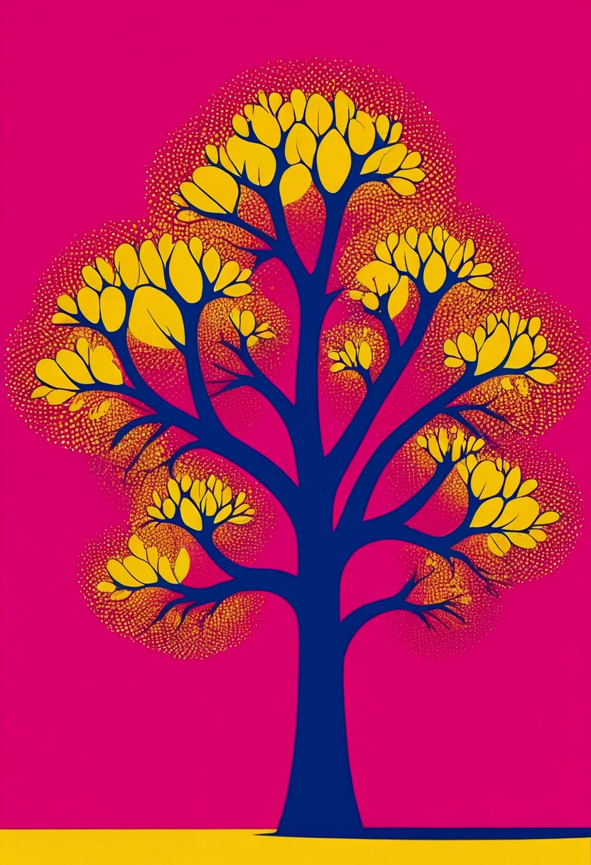 Cute Tree, Bold lines illustration in the style of Yves Klein and in the style of Peter Max, pink background, vivid colors, simple shapes, flat design, sharp edges, bold outlines, close-up shot, macro photography, zoomed-in view, vibrant, lively, energetic, high contrast, high saturation, pop art influence, vectorized appearance, silk screen print texture, halftone dots effect, fluorescent lighting, wide-angle lens, dynamic motion blur effect