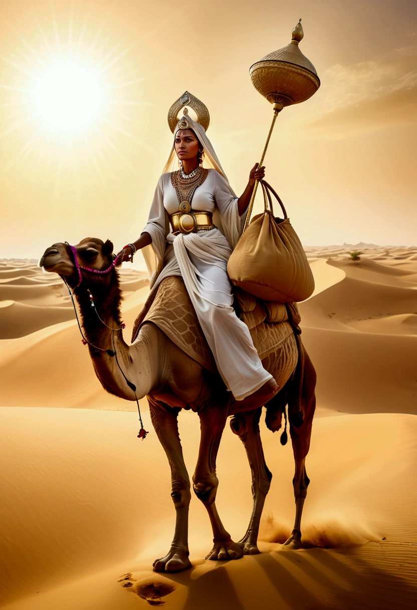 (a Desert Princess), dressed in a magnificent robe and adorned with a golden headdress rides a beautifully decorated camel through sand dunes, carrying water bags and supplies on its back. The princess held a golden scepter, guiding the way forward, with confidence and courage on her face. The background is endless desert and scorching sun, full body, (Photography), panoramic view, award-winning, cinematic still, emotional, vignette, dynamic, vivid, (masterpiece, best quality, Professional, perfect composition, very aesthetic, absurdres, ultra-detailed, intricate details:1.3)