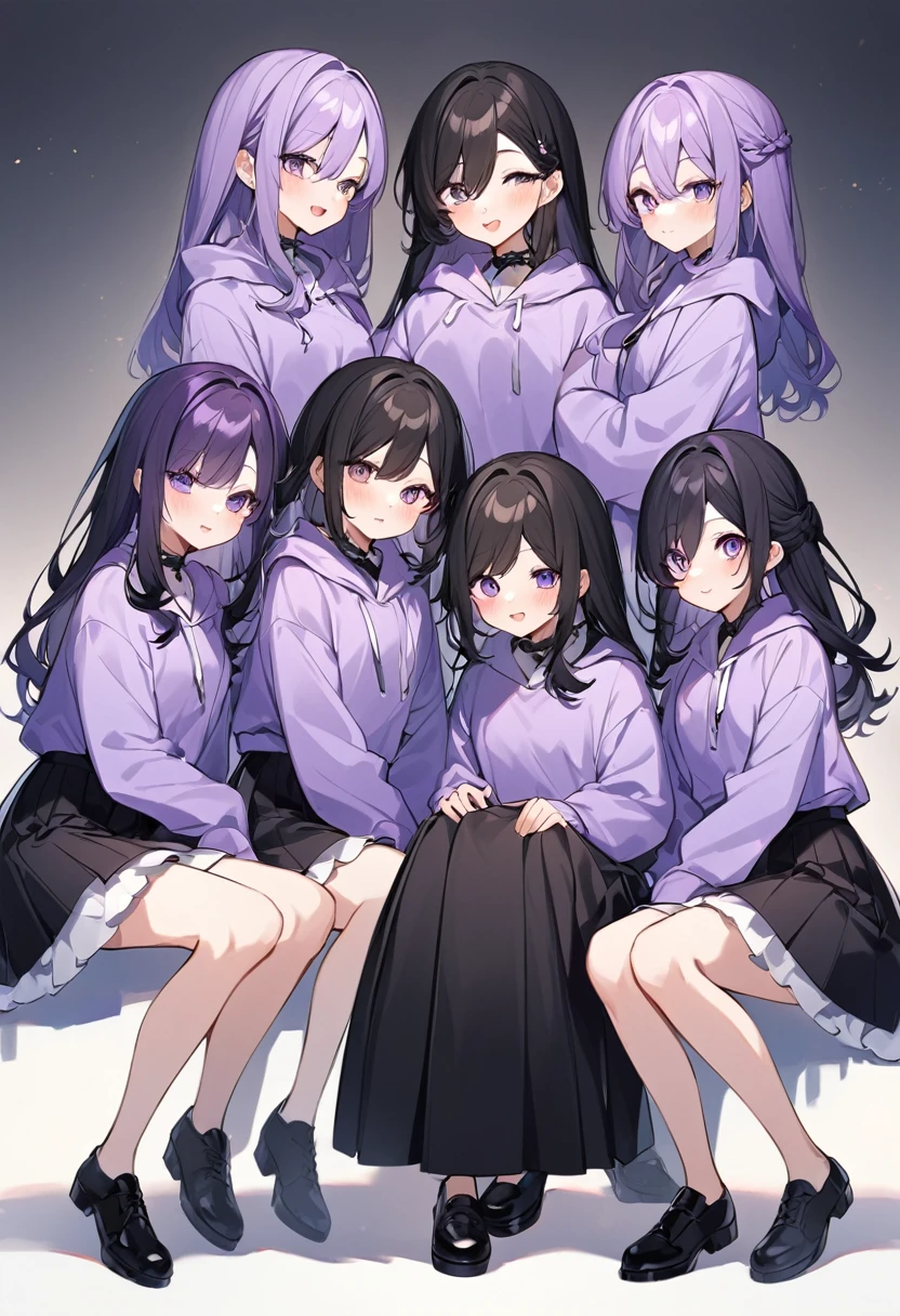 Keito。Purple hoodie。Black Skirt。Purple Eyes。Black Hair。Black shoes下。Black shoes。6 sistery eldest daughter has lavender hair.。all female。Sextuplets