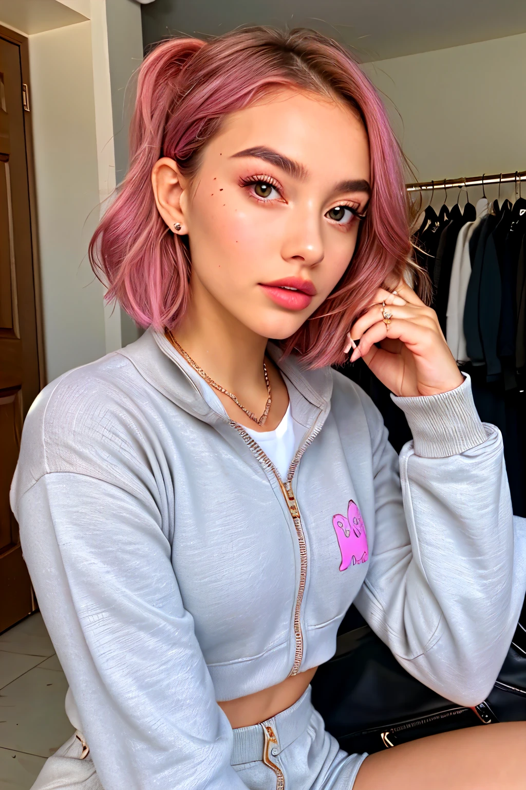 Meet Luna Rose, a digital influencer in her early twenties with fair English skin and vibrant pink hair styled in a chic, tousled bob. She has sharp, well-defined eyebrows, large, sparkling eyes, a slightly upturned nose, and full, naturally glossy lips. Her radiant, dewy skin highlights her high cheekbones, adding elegance to her edgy-chic style. Luna's wardrobe blends bold, statement pieces with sophisticated fashion, accessorized with eye-catching jewelry and handbags. She exudes confidence, charm, and authenticity, captivating a young audience with her creative, fashion-forward content on Instagram, TikTok, YouTube. Tracksuit