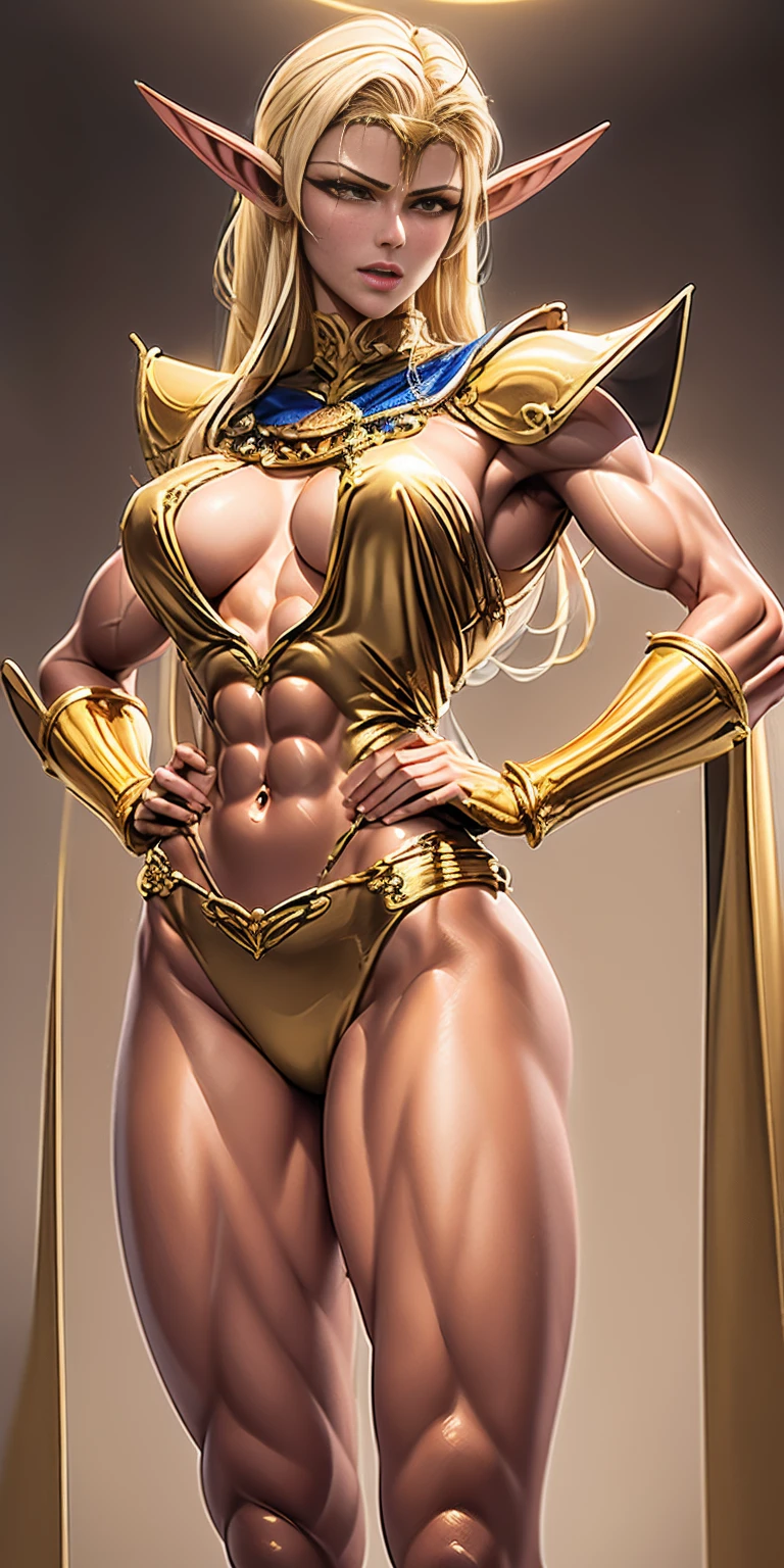 extremely long hair, ponytail, perfect anatomy 1 girl tall solo, slim thick ((muscular)) high elf toned body, golden breast plate, golden cape, golden gauntlets, gold crown, slender abs, hourglass waist, detailed face, defined cheekbones, puffy lips, hands on hips clenching fist