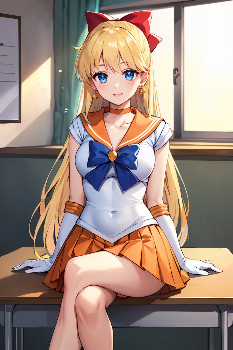 masterpiece, Highest quality, High resolution, Venus 1, One girl, alone, Sailor Warrior Uniforms, Sailor Venus, aino minako, Blonde, Magical girl, blue eyes, Orange Skirt, Elbow hand pockets, tiara, Pleated skirt, Hair Ribbon, Orange sailor collar, mini skirt, choker, Red Bow, orange choker, White gloves, Very long hair, jewelry, Earrings, Sitting, Crossing your legs,The background is a school classroom,smile、