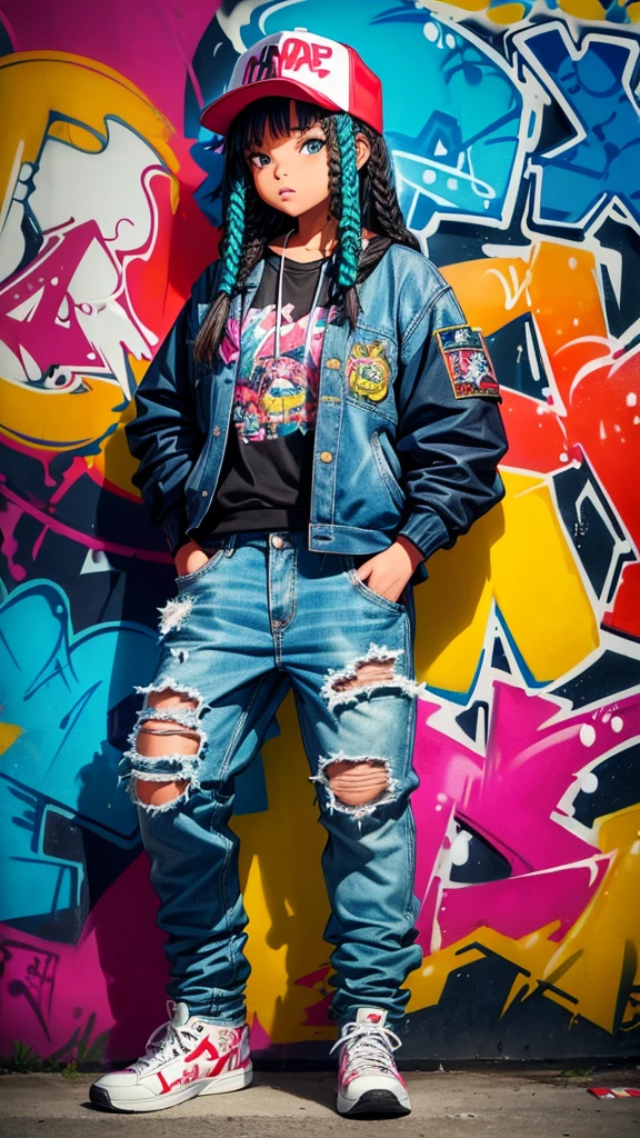 Girl, Full color drawing of hip-hop, hip-hop, hip-hop, hip-hop, baggy jeans, rapping (((graffiti art) (by Karen Griffith))), in a sea background, crazy details, intricate details, hyper details , Low Contrast, Cinematic Soft Light, Exposure Blend, HDR, Front