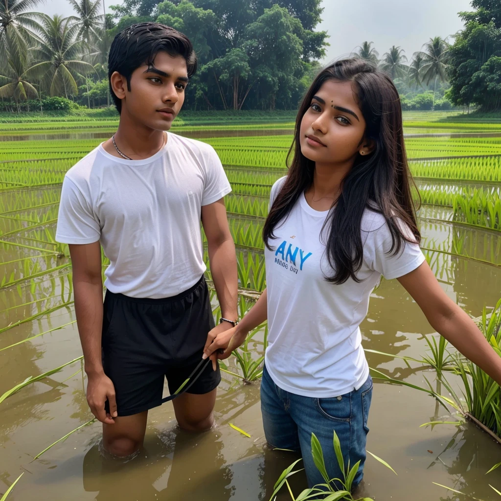 A 18 years old Indian cute girl bend and some people are working in the paddy fields,on the girl is hand paddy fields  the girl is wearing a black old kurti and , the work A 18 years old Indian cute boy and some people are working in the paddy fields, the boy is wearing a white T-shirt and the name "Arun" is written on the T-shirt, the work is going on in the month of June July, it is raining, 4K quality pic going on in the full of June July, it is raining, 4K quality picture