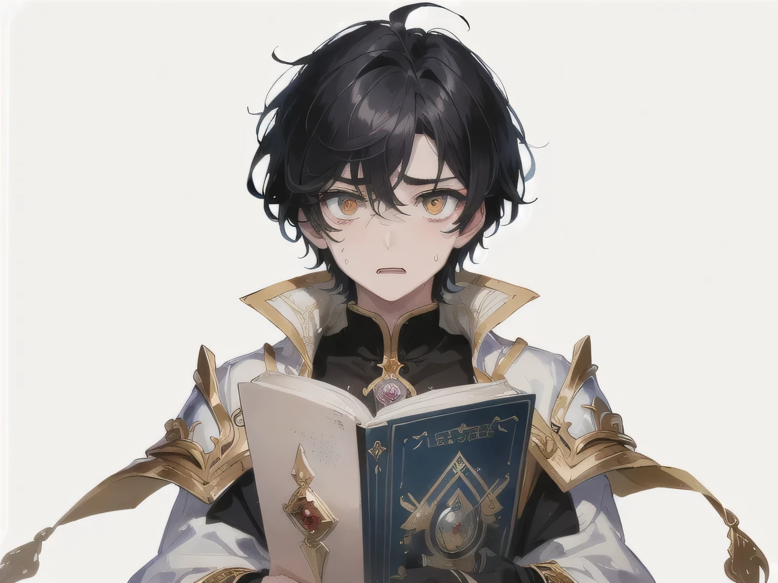 ((Highest quality)), ((masterpiece)), (detailed), ((scared)),((eyes widen)),((15 years old)),young boy,(black hair),(gold eye),((fantasy)),(Human),((upper body shot)),(アニメ),with a big magic book,medium hair,((noble)),cold sweat,((white background))


