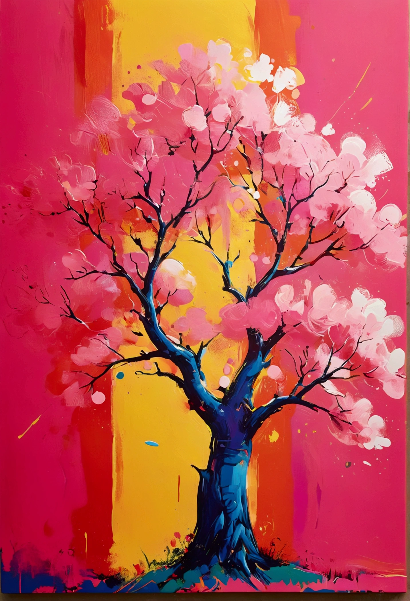Cute Tree, Bold lines illustration in the style of Yves Klein and in the style of Peter Max, pink background, vivid colors, simple shapes, flat design, sharp edges, bold outlines, close-up shot, macro photography, zoomed-in view, vibrant, lively, energetic, high contrast, high saturation, pop art influence, vectorized appearance, silk screen print texture, halftone dots effect, fluorescent lighting, wide-angle lens, dynamic motion blur effect