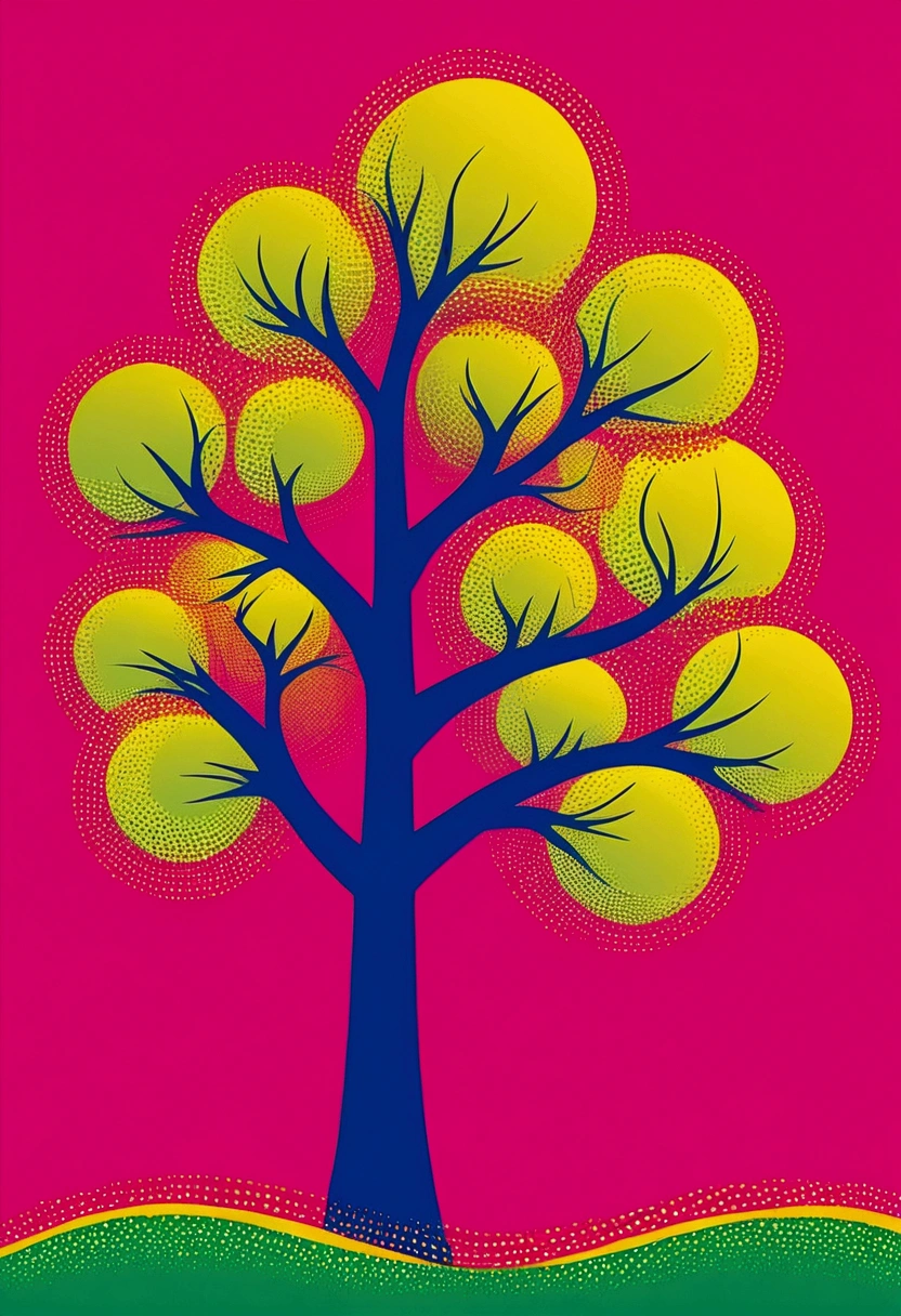 Cute Tree, Bold lines illustration in the style of Yves Klein and in the style of Peter Max, pink background, vivid colors, simple shapes, flat design, sharp edges, bold outlines, close-up shot, macro photography, zoomed-in view, vibrant, lively, energetic, high contrast, high saturation, pop art influence, vectorized appearance, silk screen print texture, halftone dots effect, fluorescent lighting, wide-angle lens, dynamic motion blur effect