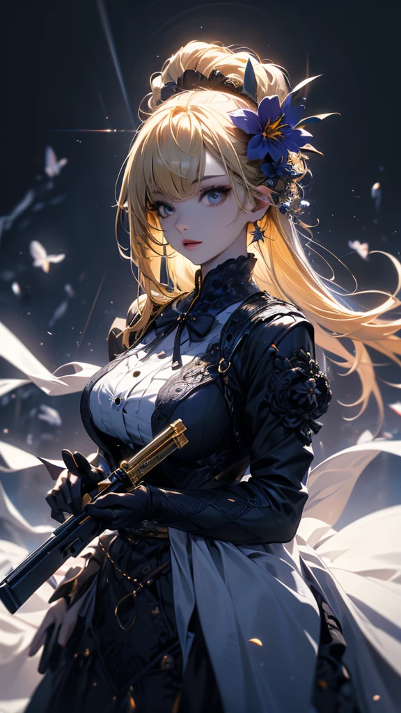 masterpiece, high quality, 4K, Beautiful design, silhouette,blonde, 非常に詳細な夜のStarry Sky,Flower Field, wonderful, Finer details, Very knowledgeable woman, Highly detailed solo, 1 female,Big Breasts,Gothic ta Fashion,2Hold the gun in front of your chest.,Night view,Starry Sky,full moon,