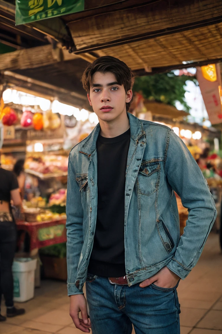 Realistic photo of solo handsome teenage men standing in front of market
