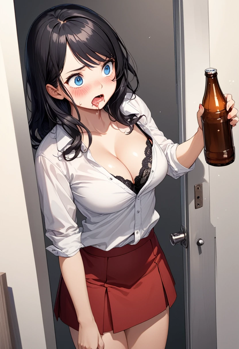 detailed illustration, dynamic angle, ultra-detailed, illustration, 1girl, white blouse, unbuttoned shirt, cleavage, navel, black bra, red skirt, short skirt, standing in doorway, holding beer bottle, blue eyes, long black hair, dizzy eyes, dizzy, blushed, flushed, drunk, drooling