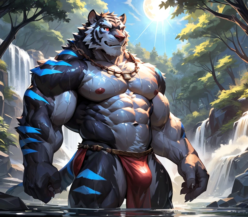 ((best quality)), ((masterpiece)), (ultra detailed), perfect face,(sharp eyes),sharp focus, (by null-ghost,by traver009,by lindong,by pino daeni), (male antro black tiger):2.0, ((blue stripes)), ((black body)), ((white belly)), (tiger ears, tiger tail), (sharp eyes) ,ultra-detailed eyes, (Beautiful and delicate eyes), ((red crimson):0.1 eyes), ((white sclera)), ((fluffy fur, fluffy, furry body)),((long white loincloth), with yellow pattern):0.8, muscular male , (wearing random pattern necklace), smile, (bulge), reflection, sexy body, middle-age, strong, looking at view, (((sfw:1.5))), (( abs, strong muscle, 8 pack)), shirtless, tougue out, claw, pink nipples, handsome,(Great physique),strong arms man, majestic, barbarous, handsome, sweating:1.8, anime, forest next to the waterfall, near waterfall, drenched,wet,naked,serene,peaceful,glistening sunlit water,gentle ripples,on the riverbank,lush greenery,tall trees and dense foliage,clear blue sky,tranquil atmosphere,vivid colors, night, a blue moon, dim light, drenched, wet body:0.7
