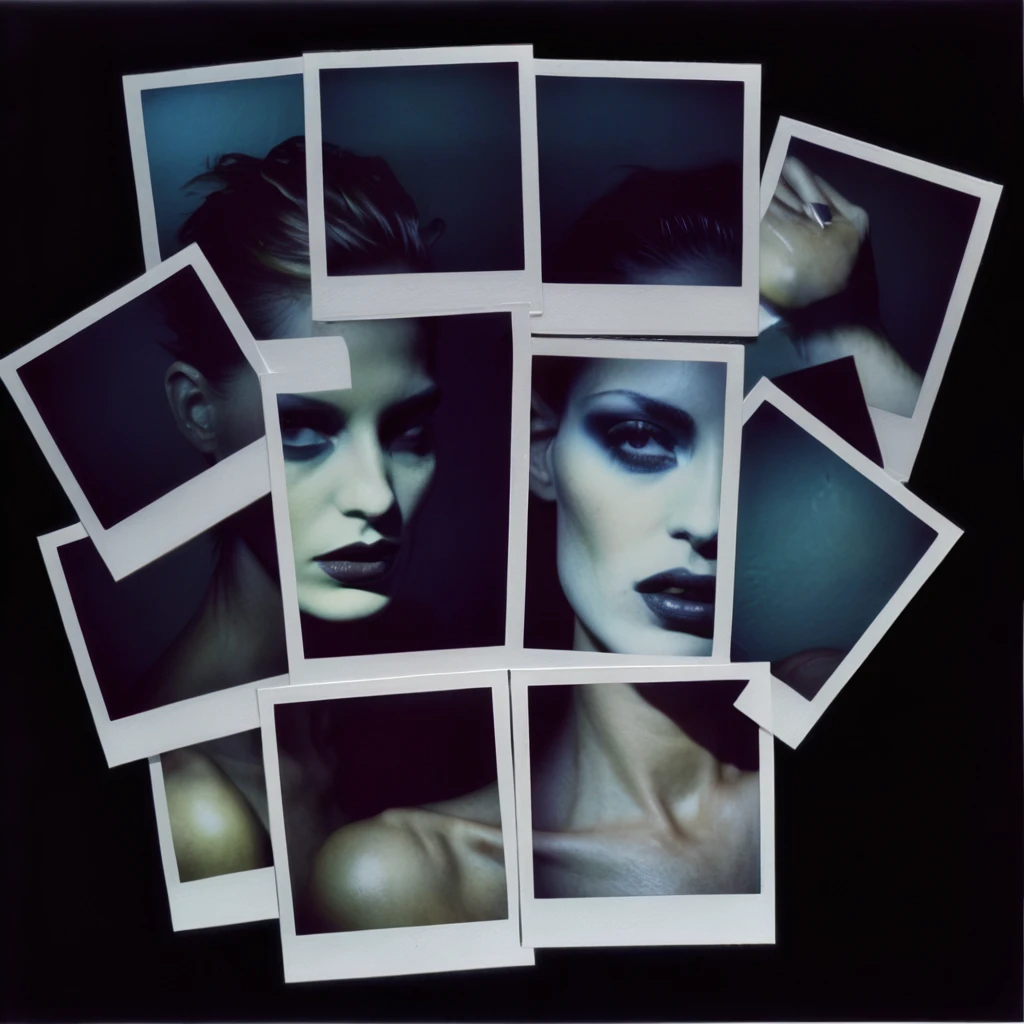 poluzzle of supermodel, polaroid photos by Steven Klein cinematic, dark atmosphere 