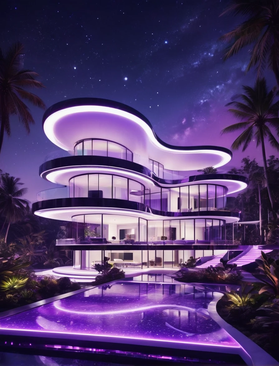 A grand, futuristic mansion with sleek, glowing purple accents and a striking white exterior, set against a cosmic backdrop filled with twinkling stars. The mansion is encased in a high-tech, neon purple frame, emphasizing its luxurious and modern design. Large windows reveal a glimpse of a high-tech interior, and the structure is surrounded by a beautifully landscaped garden with neon-lit pathways. The image exudes sophistication and opulence, capturing the essence of high-tech, intergalactic living. At the bottom, the text reads 'ALLO' in bold white letters with a tagline promoting instant global settlement for investing and trading assets.