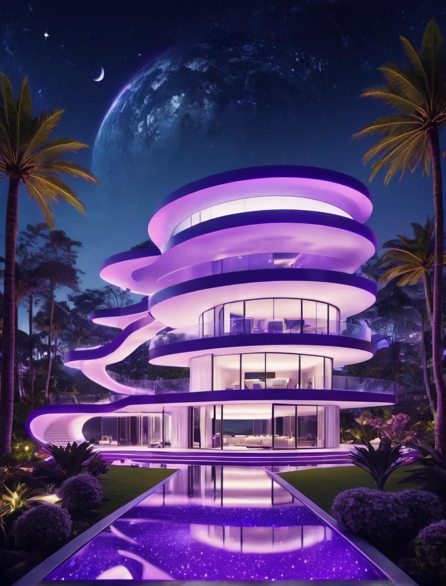 A grand, futuristic mansion with sleek, glowing purple accents and a striking white exterior, set against a cosmic backdrop filled with twinkling stars. The mansion is encased in a high-tech, neon purple frame, emphasizing its luxurious and modern design. Large windows reveal a glimpse of a high-tech interior, and the structure is surrounded by a beautifully landscaped garden with neon-lit pathways. The image exudes sophistication and opulence, capturing the essence of high-tech, intergalactic living. At the bottom, the text reads 'ALLO' in bold white letters with a tagline promoting instant global settlement for investing and trading assets.