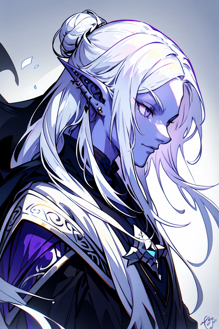 drow, white hair with purple low-ombre dye, male, pointy ears, solo, Calm slightly smile, elf, long hair, colored skin, white hair, blue grey skin, jewelry, earrings, bun hair, long hair, black adventuring clothes with silver and purple accent, lavender purple eyes, profile, upper body, from side, signature, piercing, artist name, ear piercing, nose, lipasterpiece, best quality)), art by greg rutkowski