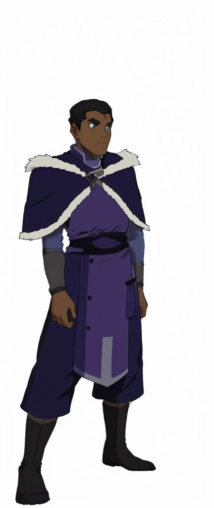 African-American, Bolin, water tribe traditional clothing mixed of blue and purple, with fur in shoulders and neck. Long sleeve, skinny, water tribe outfit. A dark blue or black high-collared sleeveless robe or tunic
A purple tabard or overtunic with lighter purple trim
A white fur-trimmed cape or cloak over the shoulders, fastened with a metal clasp
Black pants or leggings
Black boots that come up to just below the knee
A dark wristband or bracelet on one wrist
The character has dark skin, short black hair, and a serious expression. The outfit appears to be a mix of formal and practical styles, possibly indicating a character of some authority or importance in an animated series or film. The color scheme is primarily dark blues, purples, and black, with the white fur trim providing contrast.