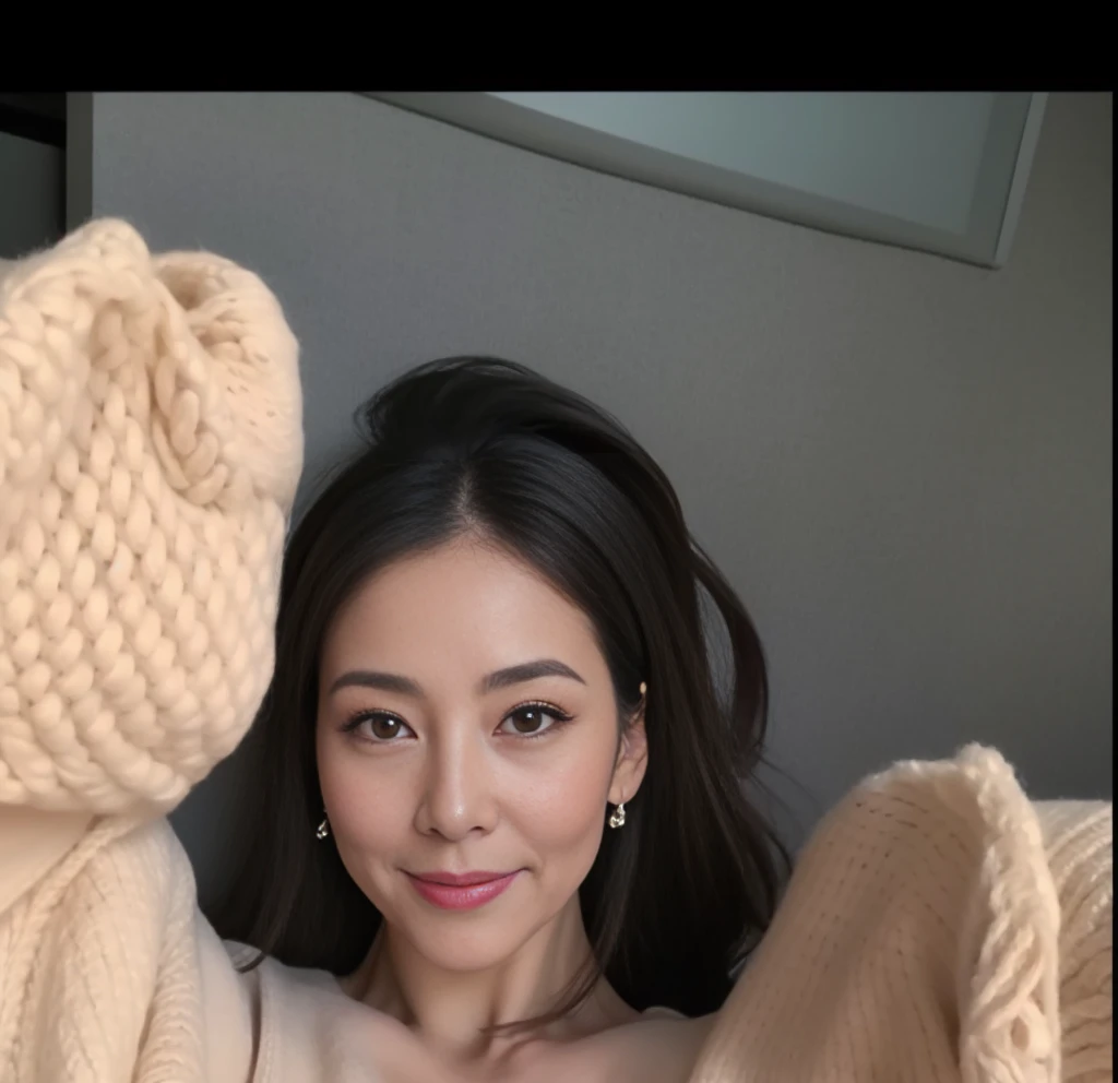 1gravure, from the chest up, masutepiece, Best Quality, Ultra-detailed, Photorealistic, super detailed skin, Perfect Anatomy, (1 japanese mature woman), (Solo), sixty years old, (Wrinkles at the corners of the eyes:1.3), Large breasts, A MILF, glamor, A sexy, Chromo-white skin, Looking at Viewer、Super large udder、Sleeveless knitwear、Tight Fit Knitted Dresseuchimuchi、Black pantyhose、high-heels、Smile、sitting on、Hotel bedroom