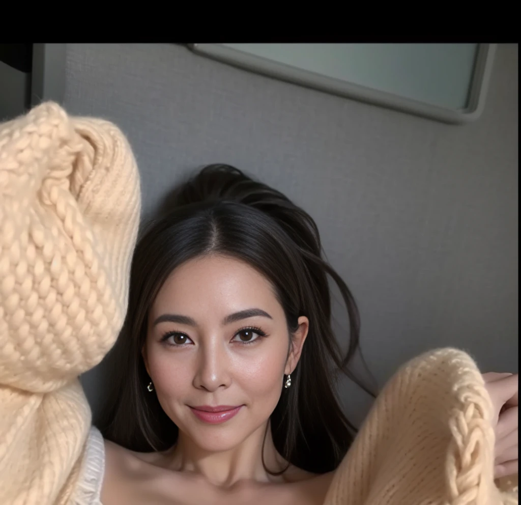 1gravure, from the chest up, masutepiece, Best Quality, Ultra-detailed, Photorealistic, super detailed skin, Perfect Anatomy, (1 japanese mature woman), (Solo), sixty years old, (Wrinkles at the corners of the eyes:1.3), Large breasts, A MILF, glamor, A sexy, Chromo-white skin, Looking at Viewer、Super large udder、Sleeveless knitwear、Tight Fit Knitted Dresseuchimuchi、Black pantyhose、high-heels、Smile、sitting on、Hotel bedroom