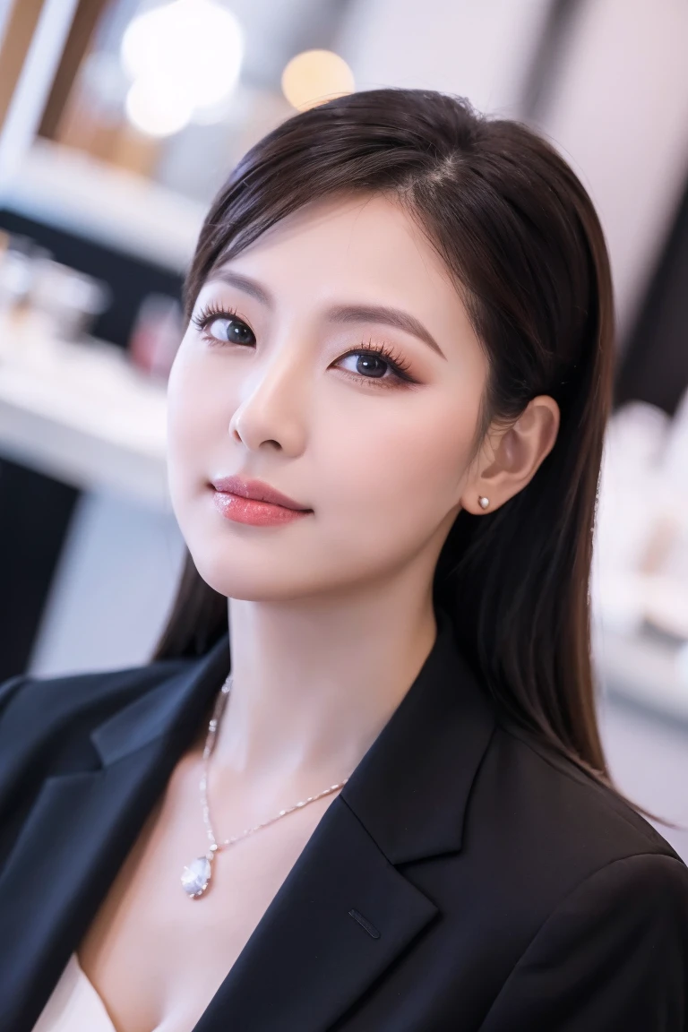 high quality portrait of a business woman, middle angle, makeup business, professional linkedin profile picture