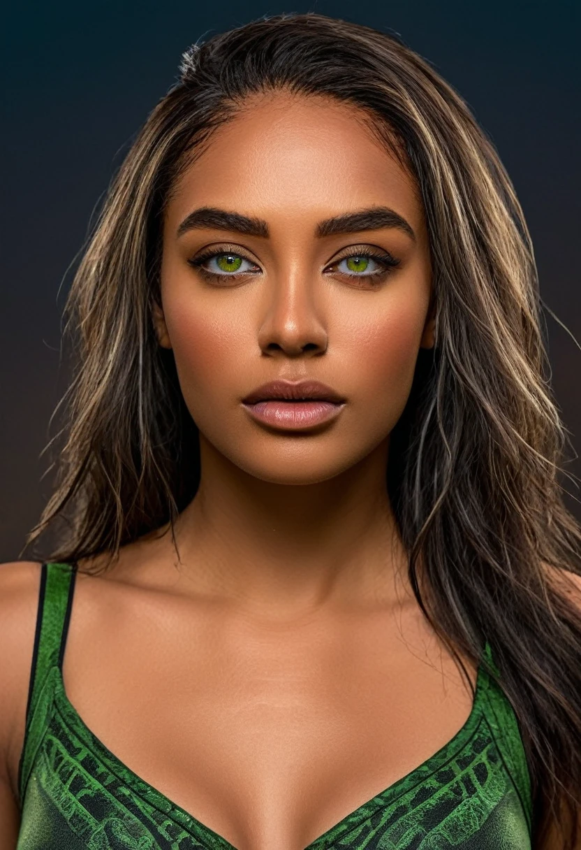 RAW photo, A woman in a crop top and a black blouse, perfect face, fine details, realistic shading, fierce expression, sweat on her face, 1 hyper-realistic real photo, frontal close-up, Completely Arafed woman with green eyes, head held high. of a strong, muscular woman, determined expression, fierce look, athletic build, confident pose, beautiful young black woman of 25 years old with voluminous dark skin with highlights, green eyes, beautiful green eyes, realistic and detailed, symmetrical, hyper-realistic green eyes (eyeliner, long and perfect choices, the nose is small and proportional to the face and the soft contour of the face that accentuates the high cheekbones, protective and defined lips, full lips, voluminous lips). The face is oval, with high cheekbones and a well-defined chin, a beautiful and detailed face. Skin tone: Olive skin, healthy and evenly glowing, with olive skin, specific skin texture, beautiful and shiny skin, intricate details, smooth skin, healthy and radiant appearance. Hourglass body, voluptuous body, slender woman, perfect body, a brunette goddess. 50mm lens, f/2.8, hdr, RAW photo (8K), high quality resolution 8K uhd, dslr, 2k, 4K, 8K, 16K. photographic photo photography, 800 for Kodak door, 35mm photography, film, bokeh, professional, 4K, highly detailed, an intimidating look, looking in front of the camera, look straight ahead, anger in her eyes, look of revenge on her face, a burning kingdom in the background, and blood smeared on his face, professional post-apocalyptic style photo set, incredibly detailed, intricate wasteland landscape background, (((Artwork))), maximum quality, 8K, Ultra high resolution, High contrast, Low saturation, (realistic:1.4), )), cyberpunk street clothing, grunge style, textured, distressed, edgy, dirty, noisy, street, point of view, face. Hyperrealistic sandy 8k 18+ dirty beautiful epic high resolution composition
