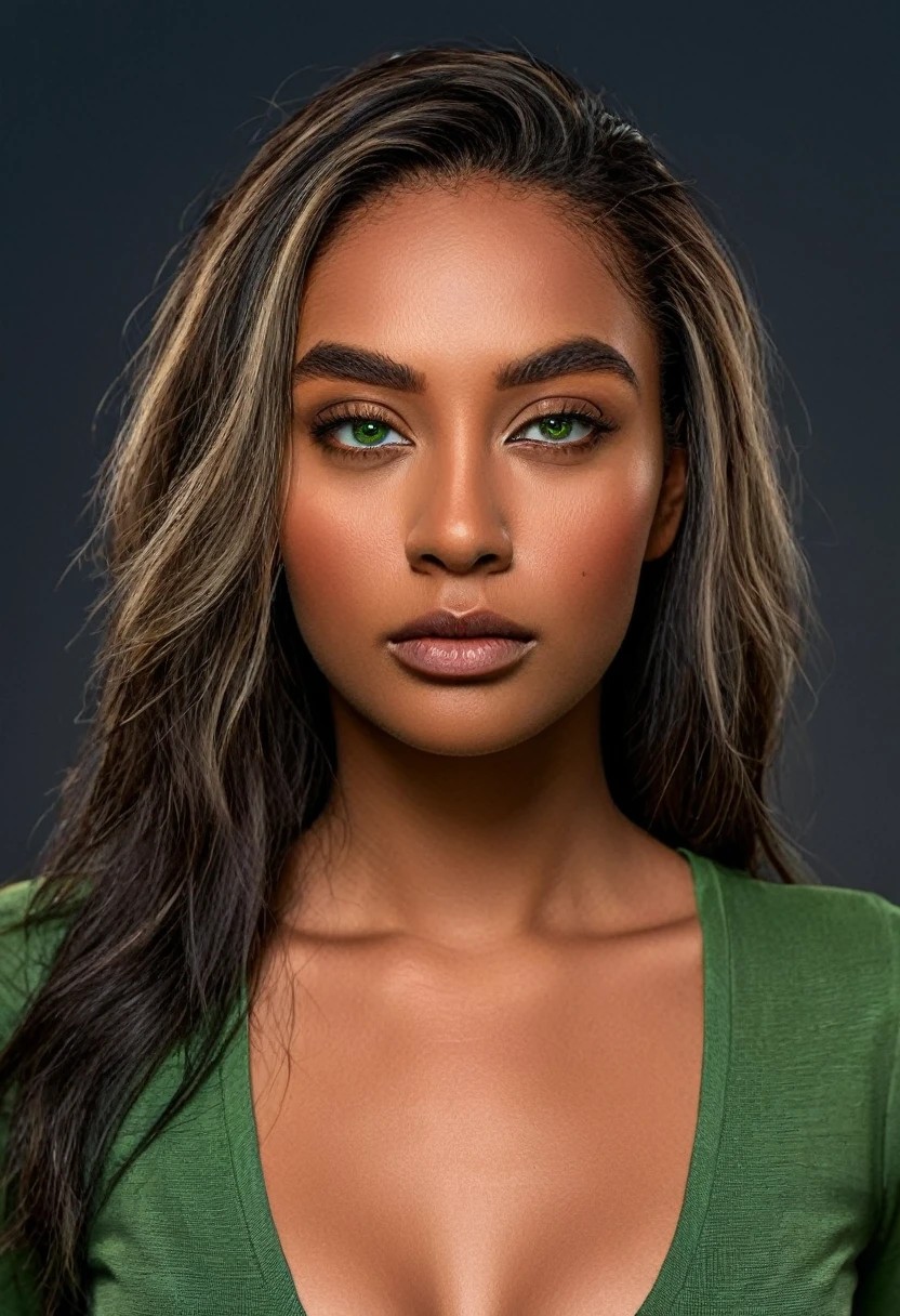 RAW photo, A woman in a crop top and a black blouse, perfect face, fine details, realistic shading, fierce expression, sweat on her face, 1 hyper-realistic real photo, frontal close-up, Completely Arafed woman with green eyes, head held high. of a strong, muscular woman, determined expression, fierce look, athletic build, confident pose, beautiful young black woman of 25 years old with voluminous dark skin with highlights, green eyes, beautiful green eyes, realistic and detailed, symmetrical, hyper-realistic green eyes (eyeliner, long and perfect choices, the nose is small and proportional to the face and the soft contour of the face that accentuates the high cheekbones, protective and defined lips, full lips, voluminous lips). The face is oval, with high cheekbones and a well-defined chin, a beautiful and detailed face. Skin tone: Olive skin, healthy and evenly glowing, with olive skin, specific skin texture, beautiful and shiny skin, intricate details, smooth skin, healthy and radiant appearance. Hourglass body, voluptuous body, slender woman, perfect body, a brunette goddess. 50mm lens, f/2.8, hdr, RAW photo (8K), high quality resolution 8K uhd, dslr, 2k, 4K, 8K, 16K. photographic photo photography, 800 for Kodak door, 35mm photography, film, bokeh, professional, 4K, highly detailed, an intimidating look, looking in front of the camera, look straight ahead, anger in her eyes, look of revenge on her face, a burning kingdom in the background, and blood smeared on his face, professional post-apocalyptic style photo set, incredibly detailed, intricate wasteland landscape background, (((Artwork))), maximum quality, 8K, Ultra high resolution, High contrast, Low saturation, (realistic:1.4), )), cyberpunk street clothing, grunge style, textured, distressed, edgy, dirty, noisy, street, point of view, face. Hyperrealistic sandy 8k 18+ dirty beautiful epic high resolution composition
