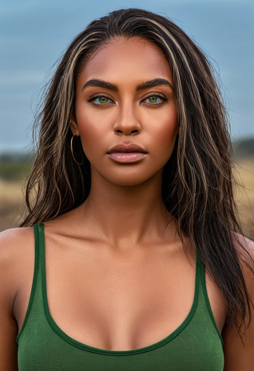 RAW photo, A woman in a crop top and a black blouse, perfect face, fine details, realistic shading, fierce expression, sweat on her face, 1 hyper-realistic real photo, frontal close-up, Completely Arafed woman with green eyes, head held high. of a strong, muscular woman, determined expression, fierce look, athletic build, confident pose, beautiful young black woman of 25 years old with voluminous dark skin with highlights, green eyes, beautiful green eyes, realistic and detailed, symmetrical, hyper-realistic green eyes (eyeliner, long and perfect choices, the nose is small and proportional to the face and the soft contour of the face that accentuates the high cheekbones, protective and defined lips, full lips, voluminous lips). The face is oval, with high cheekbones and a well-defined chin, a beautiful and detailed face. Skin tone: Olive skin, healthy and evenly glowing, with olive skin, specific skin texture, beautiful and shiny skin, intricate details, smooth skin, healthy and radiant appearance. Hourglass body, voluptuous body, slender woman, perfect body, a brunette goddess. 50mm lens, f/2.8, hdr, RAW photo (8K), high quality resolution 8K uhd, dslr, 2k, 4K, 8K, 16K. photographic photo photography, 800 for Kodak door, 35mm photography, film, bokeh, professional, 4K, highly detailed, an intimidating look, looking in front of the camera, look straight ahead, anger in her eyes, look of revenge on her face, a burning kingdom in the background, and blood smeared on his face, professional post-apocalyptic style photo set, incredibly detailed, intricate wasteland landscape background, (((Artwork))), maximum quality, 8K, Ultra high resolution, High contrast, Low saturation, (realistic:1.4), )), cyberpunk street clothing, grunge style, textured, distressed, edgy, dirty, noisy, street, point of view, face. Hyperrealistic sandy 8k 18+ dirty beautiful epic high resolution composition
