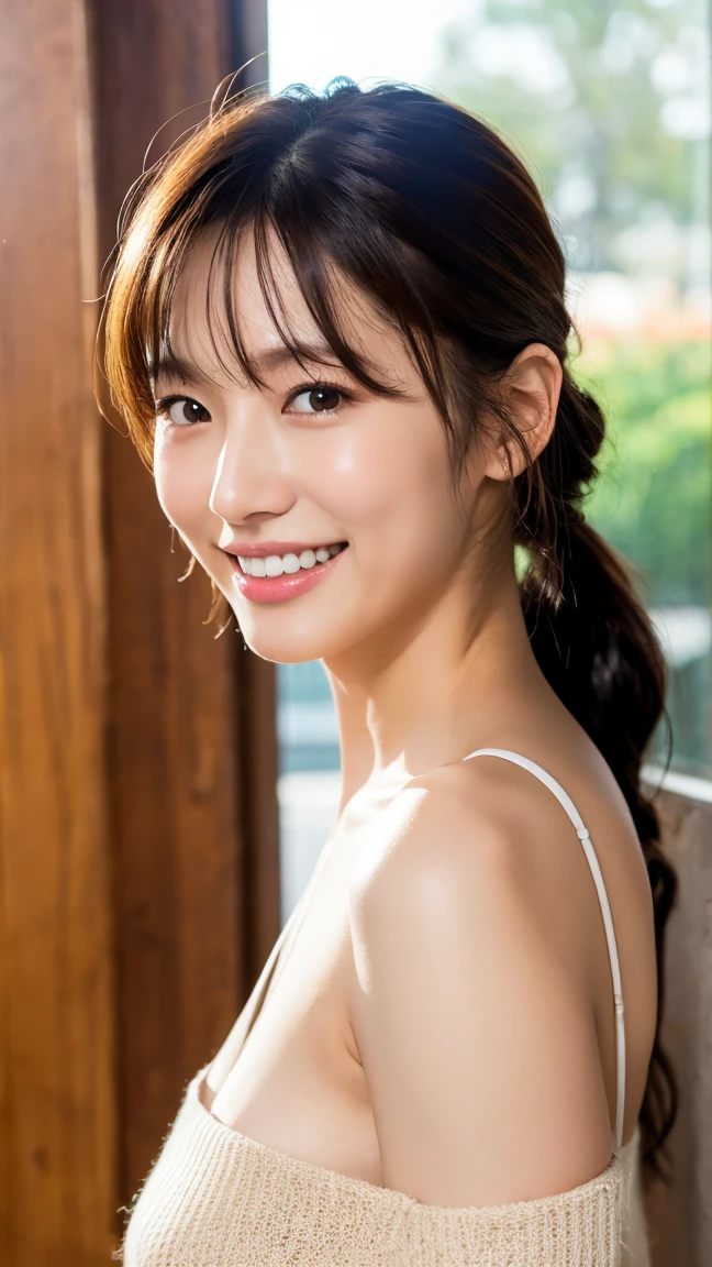 ((Highest quality、In 8K、masterpiece:1.3、Raw photo))、Sharp focus:1.2、(One woman:1.1)、,(Realistic、Photorealistic:1.37)、Small head、Mid-breasted、standing、Sexy pose、 Off-the-shoulder sweater, whole bodyエスビアン、indoor、sunlight、Light、smile、Show some teeth, whole body,, (Small nipples), Disheveled Hair, Wet Skin, Camel Toe, ponytail