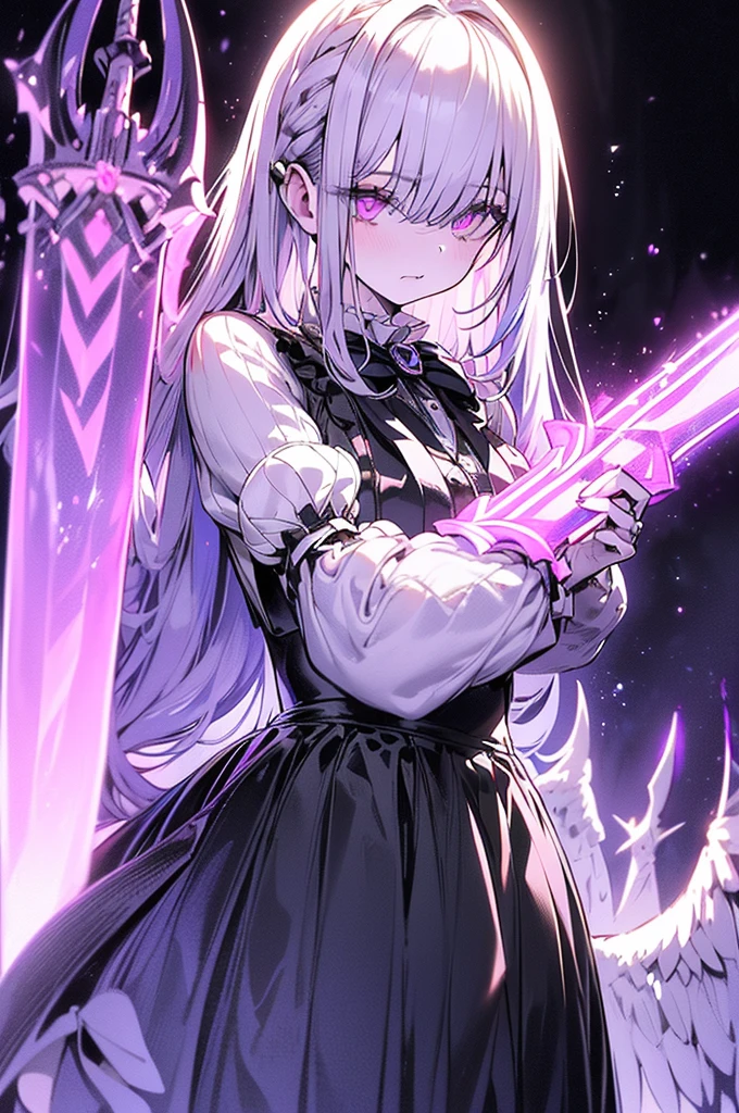 white gothic lolita angel of punishment, long white hair, purple eyes, 4 wings, (((((holding a longsword))))), mature, slim, tall, (best quality,4K,8K,mackerel,masterpiece:1.2),very detailed,(realistic,photorealistic,photo-realistic:1.37),intricate details,Contrast lighting,cinematic lighting,dramatic shadows,surreal,mysterious,ethereal