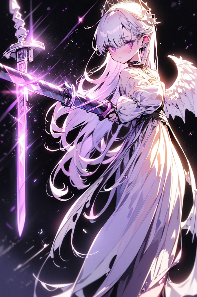 white gothic ta angel of punishment, long white hair, purple eyes, 4 wings, (((((holding a longsword))))), mature, slim, tall, (best quality,4K,8K,mackerel,masterpiece:1.2),very detailed,(realistic,photorealistic,photo-realistic:1.37),intricate details,Contrast lighting,cinematic lighting,dramatic shadows,surreal,mysterious,ethereal