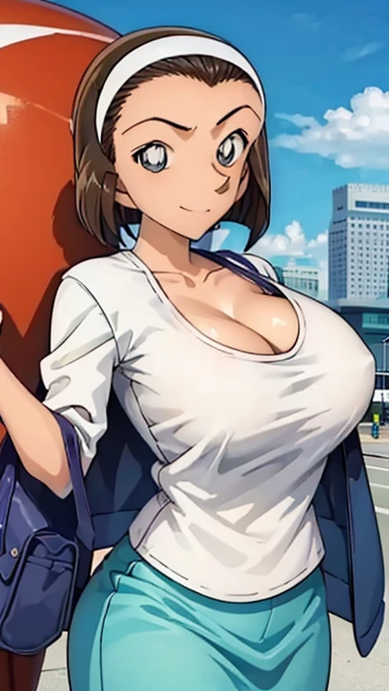 巨大な勃起したStaring at the penis、When I Look at You、lookatviewer、Anime Style、Eroge、1 Girl,  (Huge long breasts:1.2), (White T-shirt、Cleavage、Maxi Skirt)、Low Angle、Brown haired, hair band、short hair、Bob Hair、The forehead is visible、smile,Round Breasts、woman、From the side、From above:1.5、Staring at the penis