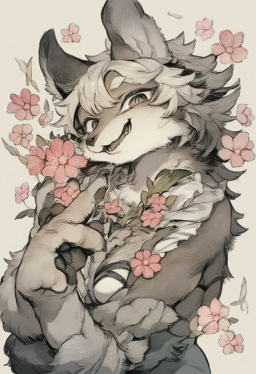 monochrome, watercolor, highres, top quality, best quality, paid reward available, High-quality illustrations, unparalleled masterpiece, perfect artwork, absurdres, 1girl, kemono, furry, detailed body fur, animal face, animal hand, Archaic Smile, holding a cluster of pink flower in both hands, which are positioned at chest level, She is wearing a simple ring on the ring finger of her left hand, unfocused spread of pink flower, fan-created work shared on platforms Pixiv or ,