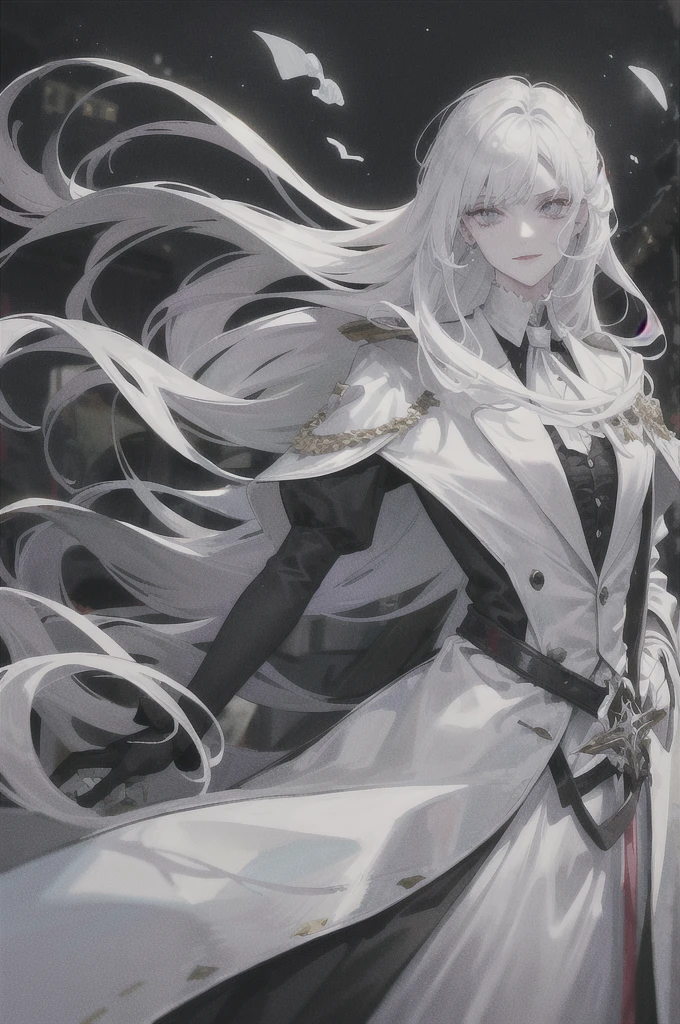 Horror, blood, intimidation, far away in the middle of a square, in the middle of which will be a tall man, white hair, silver eyes, sharp looks, a sarcastic smile, formal black aristocratic clothes, a long white coat, decorated, a sharp sword, silver and grey, shining under the moonlight, Background of a war zone, blood flowing, black corpses, a light blue moon, pixels flying in the air,