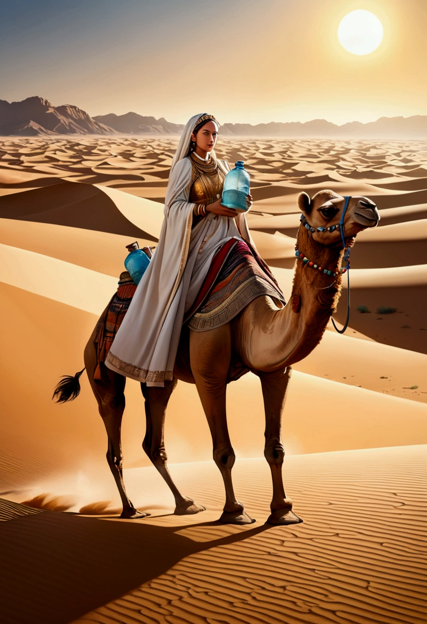 (a Desert Princess), dressed in a magnificent robe rides a beautifully decorated camel through sand dunes, carrying water bags and supplies on its back. The princess held a map, guiding the way forward, with confidence and courage on her face. The background is endless desert and scorching sun, full body, (Photography), panoramic view, award-winning, cinematic still, emotional, vignette, dynamic, vivid, (masterpiece, best quality, Professional, perfect composition, very aesthetic, absurdres, ultra-detailed, intricate details:1.3)