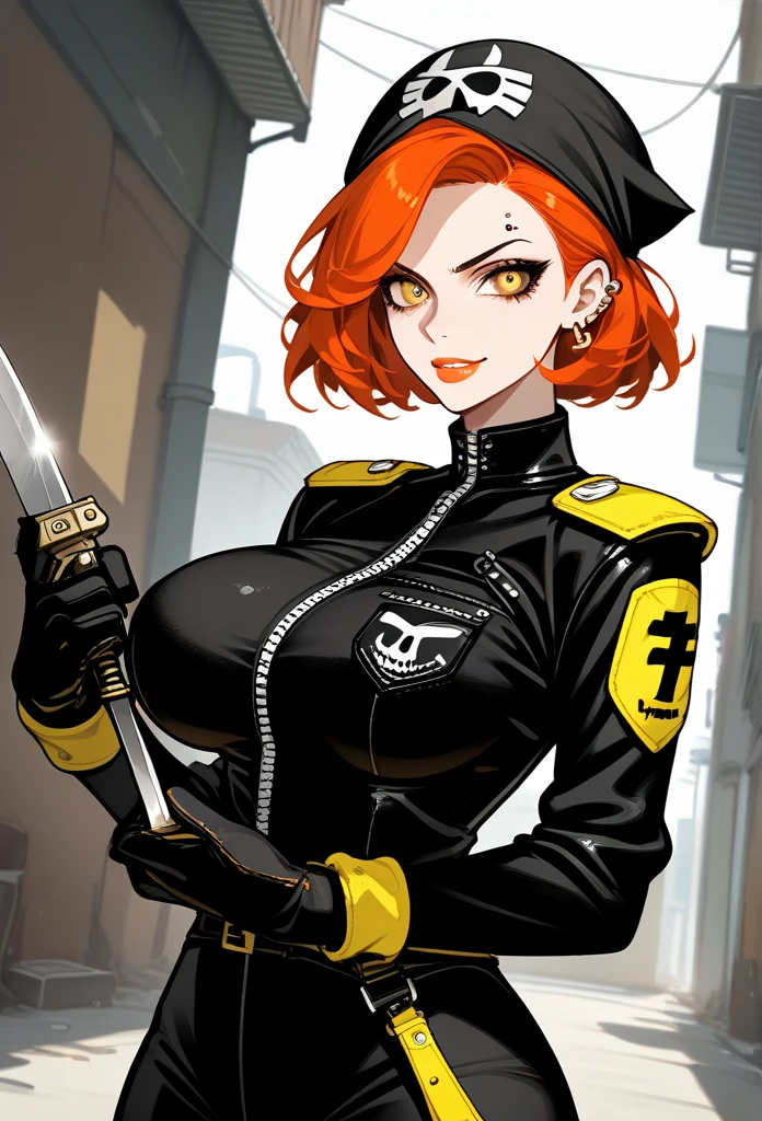 masterpiece, best quality, mature woman, mature face, trimmed hairstyle, red hair, mature face, hot face, glossy lips, gobby lips, sharp eyes, big breasts, voluptuous body, golden eyes, (bandit outfit, bandit bandana), looking at viewer, tough appearance, alley, (looking serious), lunatic face, lunatic smile, (glaring eyes, piercing eyes), lunatic expression, (holding dagger) 