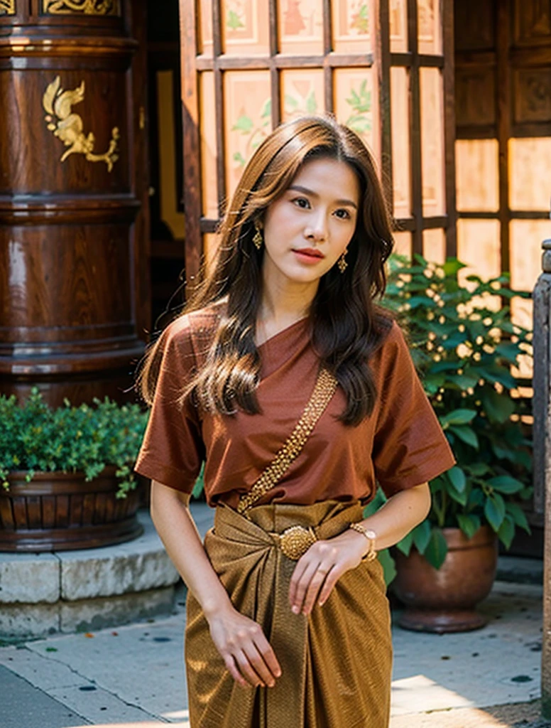 (8K,Masterpiece,Nothing special, realistic :1.3), best quality, Portrait , realistic, Face Focus, 1 woman, long brown hair, Traditional Thai dress , ( Comfortable red:1.2), temple background, (The Wind:1.2),(sunlight:1.2)