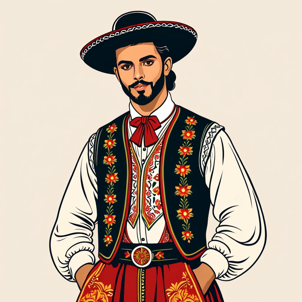 man in portugese folk outfit, vector graphics, strong contours
