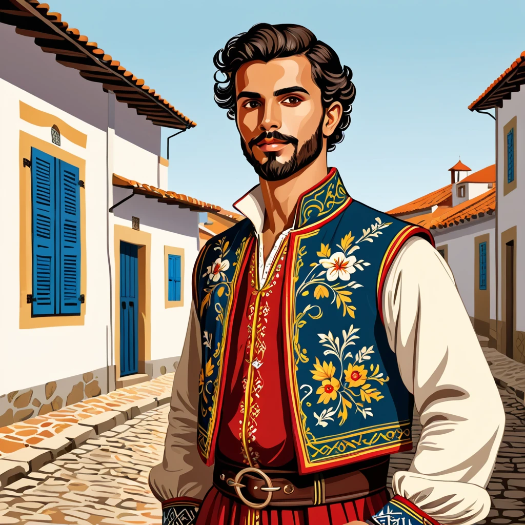 man in portugese folk outfit, vector graphics, strong contours
