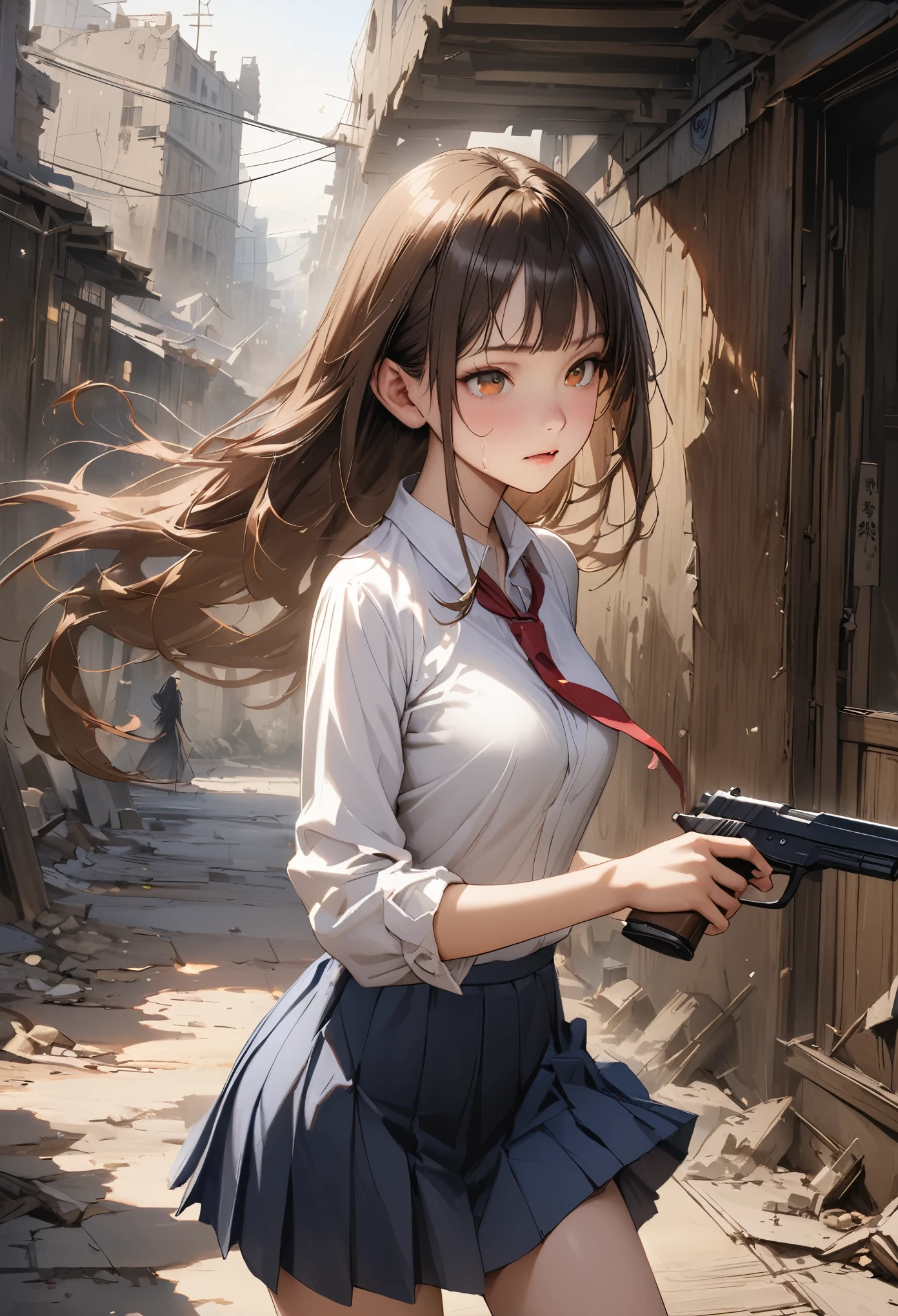 Action Scenes、((A detailed depiction of a woman holding a handgun))、((masterpiece,Highest quality:1.3,best quality illustratio)),realistic,cowboy shot,独奏,1woman,(18-year-old、Japanese Beauty),dark brown hair,long hair,bangs,brown eyes,gorgeous eyes,(very small head:1.3),blush,Heavy breathing,.(very long body:1.2,skinny),medium breasts,(Red ribbon tie、White long sleeve collared shirt、Navy blue pleated mini skirt),gleaming skin,toned body,slender body,sweat,(shooting、Firing stance),Ruined city、Collapsed building、、World of Blade Runner、