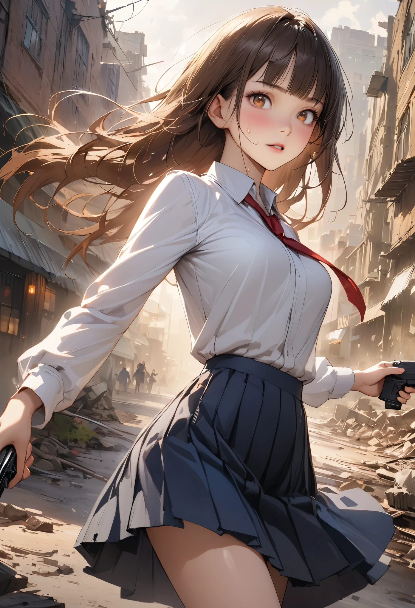 Action Scenes、((A detailed depiction of a woman holding a handgun))、((masterpiece,Highest quality:1.3,best quality illustration,realistic)),cowboy shot,独奏,1woman,(18-year-old、Japanese Beauty),dark brown hair,long hair,bangs,brown eyes,gorgeous eyes,(very small head:1.3),(very long body:1.2,skinny),medium breasts,(Red ribbon tie、White long sleeve collared shirt、Navy blue pleated mini skirt),gleaming skin,toned body,slender body,sweat,Run,Ruined city、Collapsed building、、World of Blade Runner、