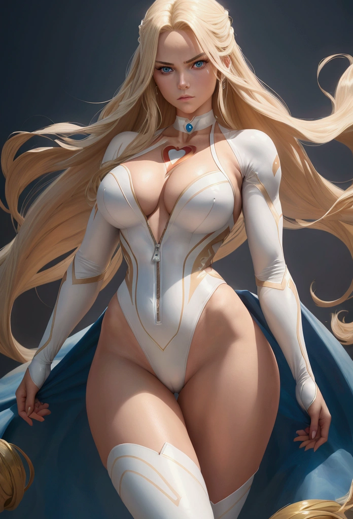 A superheroine with long, voluminous flowing blonde hair, blue colored eyes, athletic body with muscular legs, arms crossed with serious expression, wearing a tight white mandarin collar leotard with long sleeves and partially open front zipper, white long boots, a choker with a red heart, Full-body image. Digital art with smooth, detailed strokes and oil shading, highlighting your muscles and determined posture. 