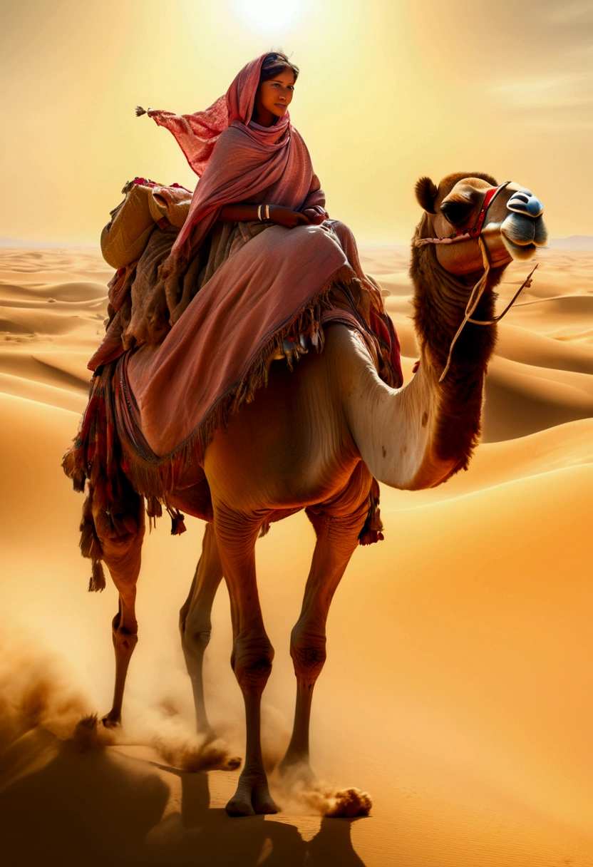 A camel showcasing how their long legs and rounded feet are designed to navigate through the sandy terrain. (best quality,4k,8k,highres,masterpiece:1.2),ultra-detailed,(realistic,photorealistic,photo-realistic:1.37),HDR,UHD,studio lighting,ultra-fine painting,sharp focus,physically-based rendering,extreme detail description,professional,vivid colors,bokeh,desert scenery,sandy landscape,sunlit oasis,blazing sunlight,seamless golden sand dunes,rippling sand waves,curved camel humps,distinctive long legs and rounded feet,majestic camel silhouette,heavy footsteps imprinting on the sand,turbulence-free steps,graceful walking posture,mirage in the distance,soft and warm color palette,natural light casting soft shadows,subtle orange hues,stark contrast between light and shadow.