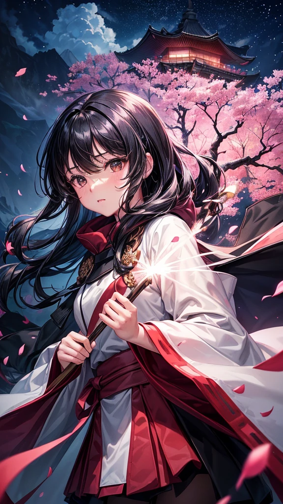 (best quality, masterpiece),(1girl, miko, coat, expression face, black eyes, looking at front ,black hair, walking, upper body), (night strray sky, huge old tree behind, falling glowing pink petals behind, shrine behind, mountain background, blowing wind, meteoric cloud)