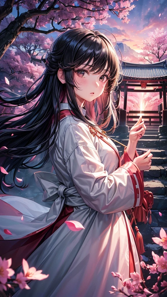 (best quality, masterpiece),(1girl, miko, coat, expression face, black eyes, looking at front ,black hair, walking, upper body), (night strray sky, huge old tree behind, falling glowing pink petals behind, shrine behind, mountain background, blowing wind, meteoric cloud)
