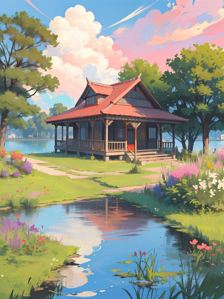 a hut surrounded by trees, line art, pinkish blue sky, cart, shadow, shade, ghibli style, flowers, stone, lake, reflection, no humans, scenery, outdoors, sky, cloud, building, sign, house, window, plant, cloudy sky, bush, sunset