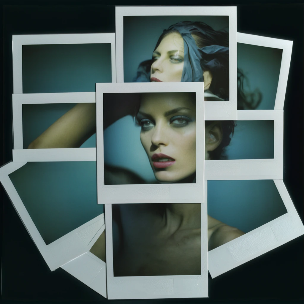 poluzzle of a supermodel, polaroid photos by Steven Klein