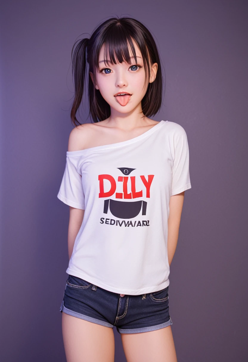 pastel colors colors t-shirt,off-shoulder look,bare shoulder,ollarbone,micro shorts,(open mouth:1.5),(tongue out:2),standing,arms behind back,front view,cowboy shot,looking at viewer,(1girl,Beautiful 14 year old girl),((Slender,Small breasts,Small face,)),Black Hair,bangs,one side up,Beautiful and detailed,(Dimly lit room:1.5),Mischievous smile,Black simple background,Low lighting