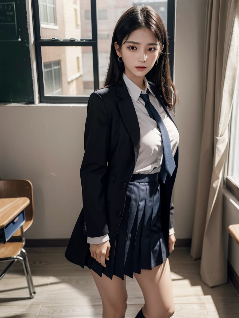 absurdres, RAW photo, extremely delicate and beautiful, masterpiece, Best Quality, ultra high resolution, 32k, hyperrealistic, ultra-detailed, perfect figure, in her 20s, very small head, very small face, delicate facial features, tearful mole, earring, very huge breasts, ((full body shot)), medium hair, black hair, ((school_uniform)),
