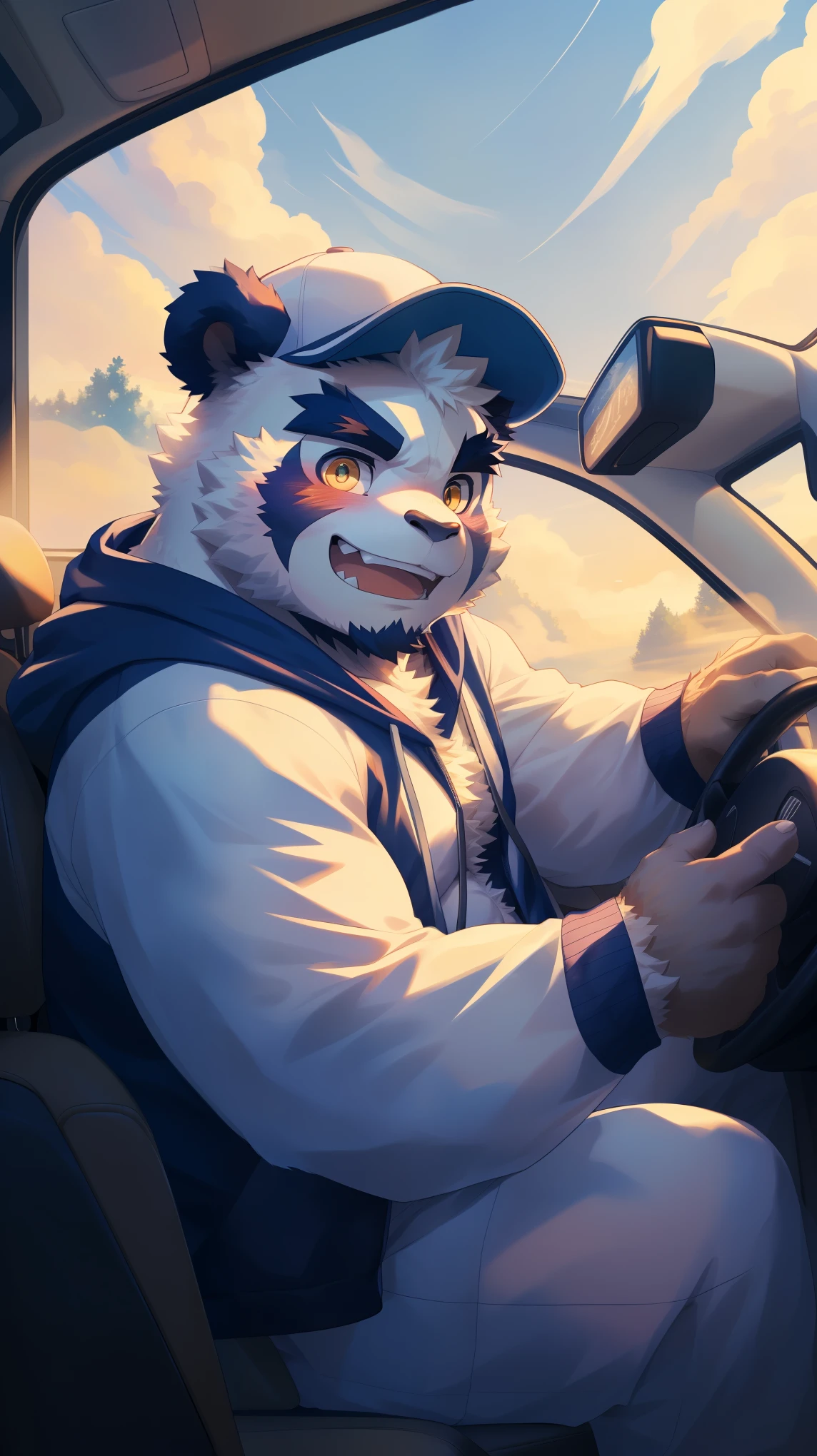 (Vision:1.5), solitary, anthropology, hairy, hairy male, Giant Panda, ((Fluffy fur, Fluffy, hairy body)), (panda print), (Thick eyebrows), youth, muscular, Golden pupils, Detailed teeth, defaced face, fundos, driver, Hoodies, Baseball cap, cab里, Driving, sideways, Shy expression, A faint smile, blush, (Dynamic poses:1.5), Clear facial features, Strong, majestic, alone, panoramic, Fog atmosphere, early morning, Tyndall Light Effect, cab, Sunlight through the car window, (By Empty Ghost, From panda20, masterpiece, high quality, high resolution,8K)