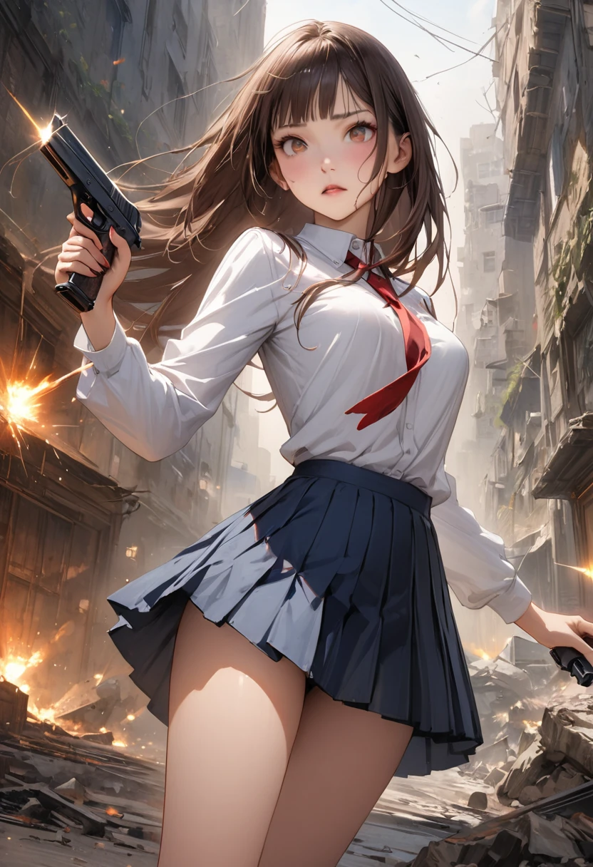 Action Scenes、((A detailed depiction of a woman holding a handgun))、((masterpiece,Highest quality:1.3,best quality illustration,realistic)),cowboy shot,独奏,1woman,(18-year-old、Japanese Beauty),dark brown hair,long hair,bangs,brown eyes,gorgeous eyes,(very small head:1.3),(very long body:1.2,skinny),medium breasts,(Red ribbon tie、White long sleeve collared shirt、Navy blue pleated mini skirt),gleaming skin,toned body,slender body,sweat,(shooting、Firing stance),Ruined city、Collapsed building、、World of Blade Runner、
