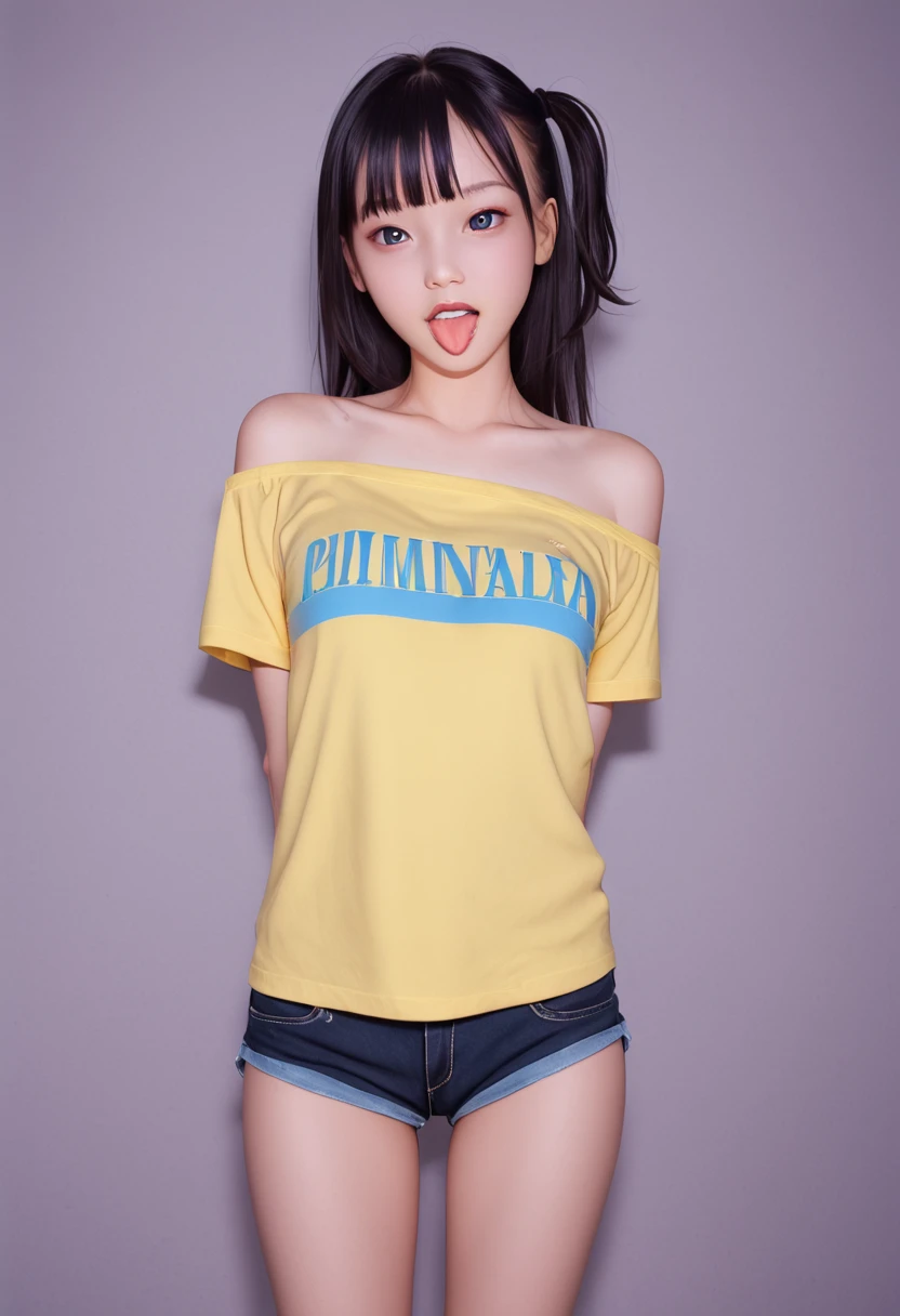 pastel colors colors t-shirt,off-shoulder look,bare shoulder,ollarbone,micro shorts,(open mouth:1.5),(tongue out:2),standing,arms behind back,front view,cowboy shot,looking at viewer,(1girl,Beautiful 14 year old girl),((Slender,Small breasts,Small face,)),Black Hair,bangs,one side up,Beautiful and detailed,(Dimly lit room:1.5),Mischievous smile,Black simple background,Blue Weak々Illumination
